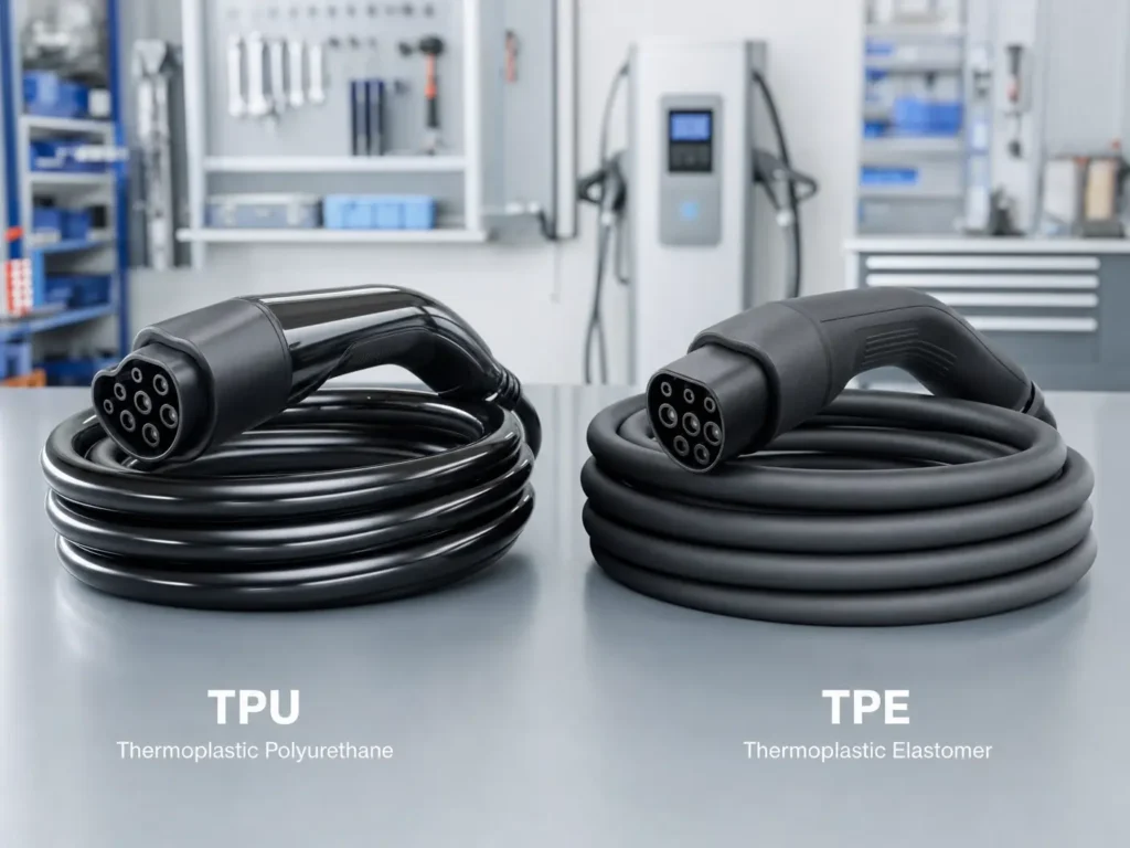 A close-up comparison of TPU (Thermoplastic Polyurethane) and TPE (Thermoplastic Elastomer) EV charging cables, highlighting the difference in finish and flexibility.