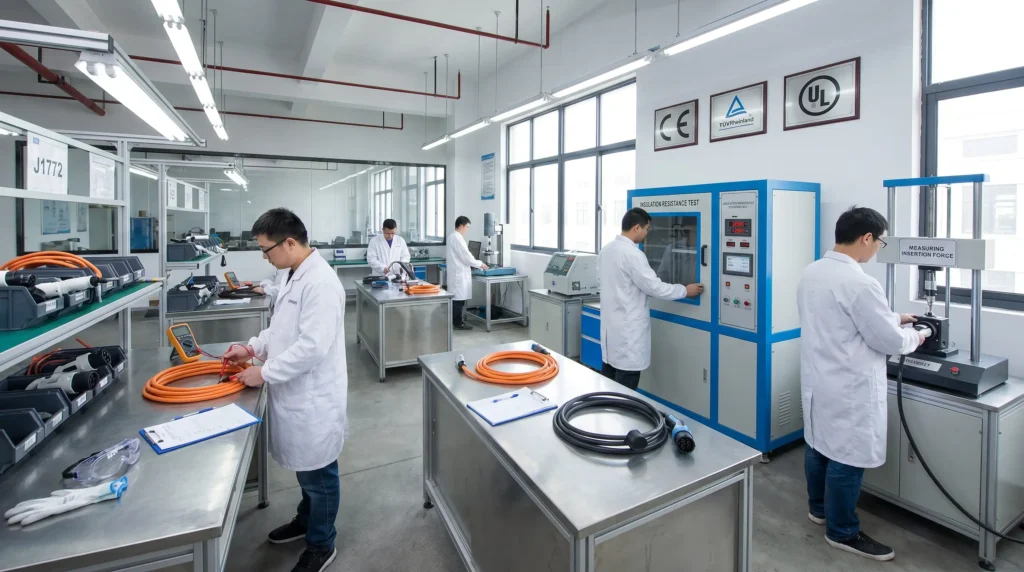 A professional quality control laboratory where EV charging cables undergo rigorous electrical safety testing, including insulation resistance testing and connector insertion/extraction force testing, to meet CE, TUV Rheinland, and UL certification requirements.