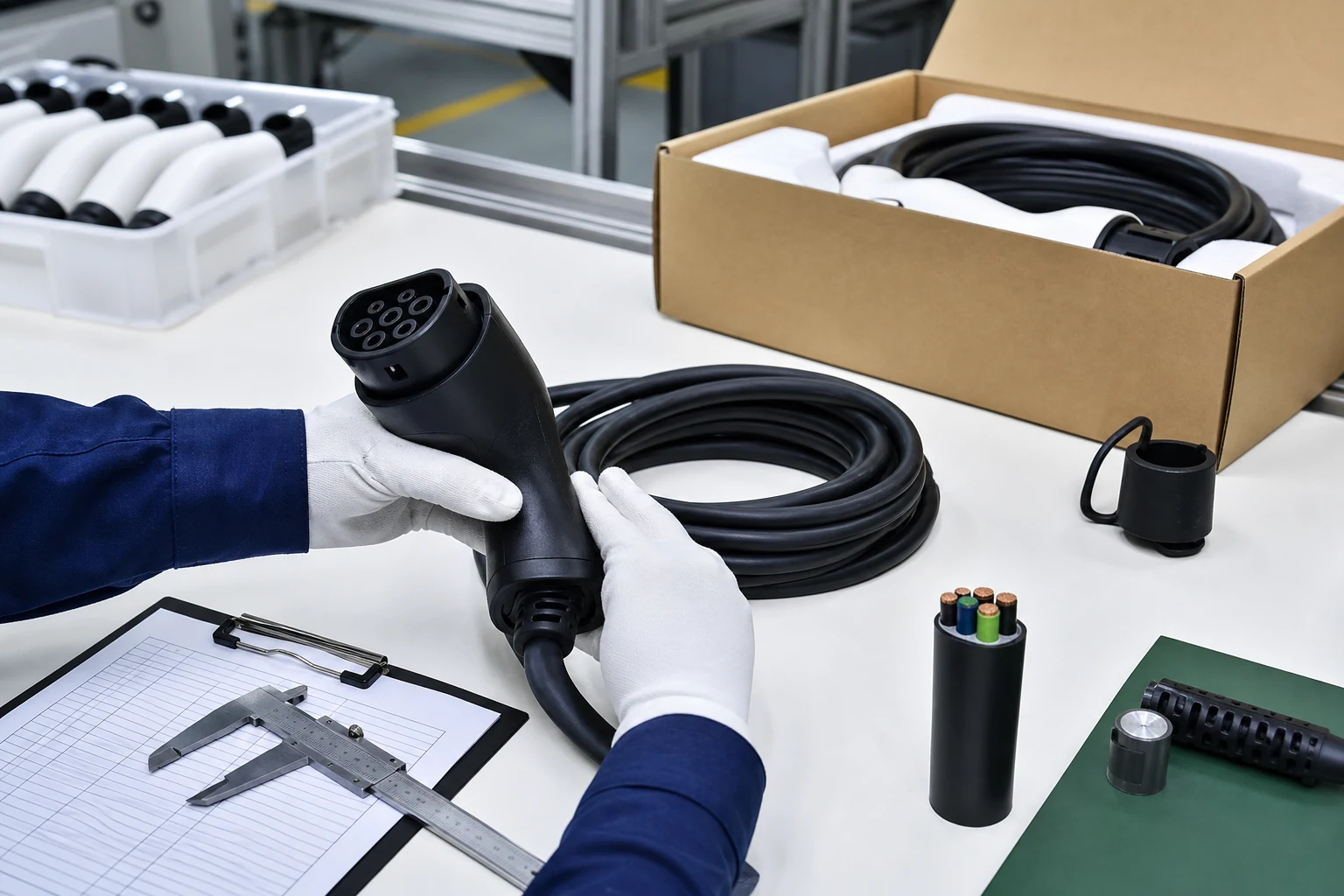 EV charging cable quality inspection for connector fit, jacket material, and molded plug