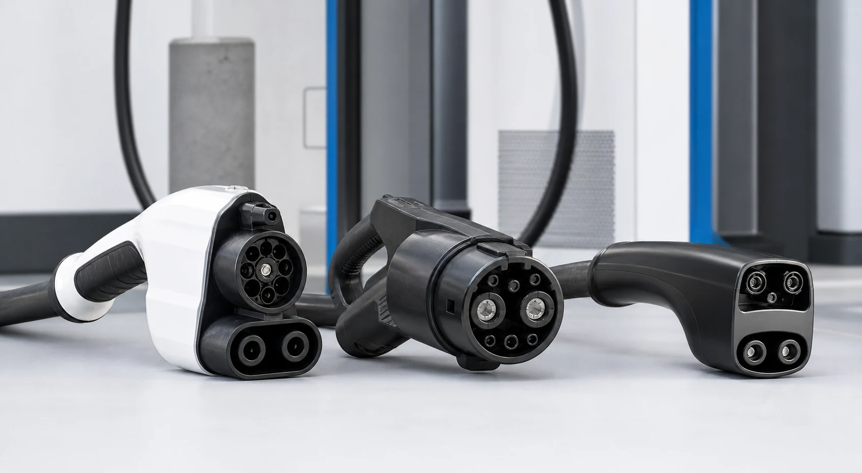 CCS, CHAdeMO, and NACS EV fast charging connectors compared side by side