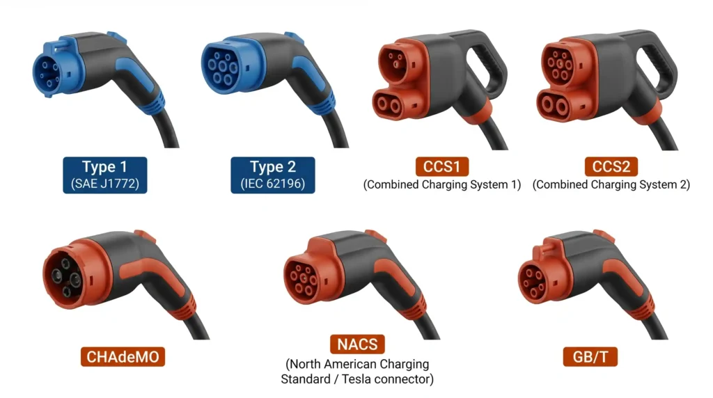 A visual comparison of global EV charging connector standards. Understanding these standards is essential for B2B buyers targeting specific regional markets