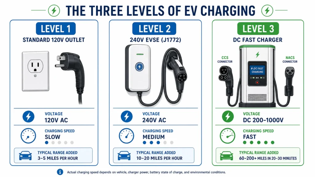 A comparison of the three EV charging levels: Level 1 (120V AC), Level 2 (240V AC), and Level 3 (DC Fast Charging), showing their respective voltages and charging speeds.