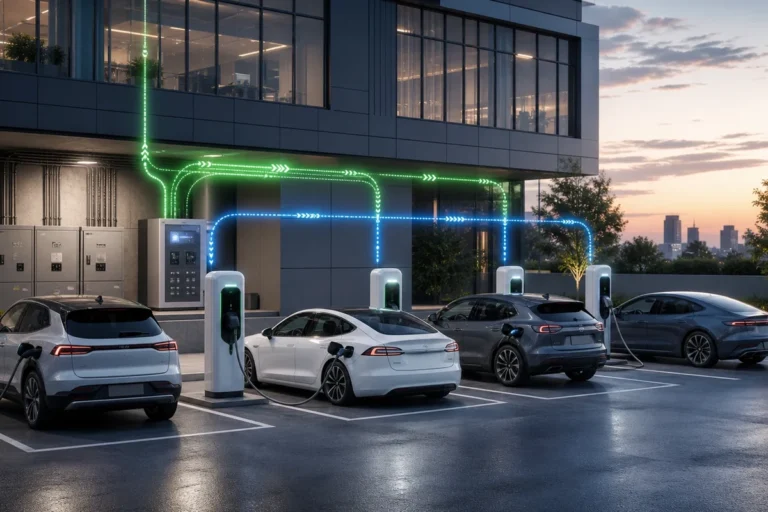 Multiple electric vehicles charging beside a modern building while load management software controls available power