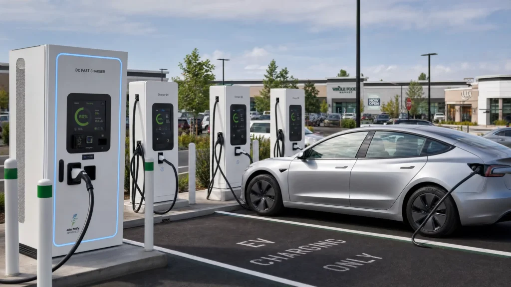 A modern commercial EV charging station featuring both Level 2 AC chargers and Level 3 DC fast chargers, providing reliable power for electric vehicles.