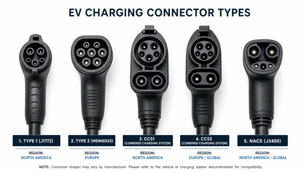 A comparison of the five primary EV charging connector types: Type 1 (J1772), Type 2 (Mennekes), CCS1, CCS2, and NACS (J3400), showing their distinct pin configurations.