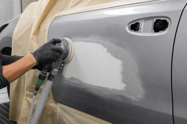 Auto body technician feather sanding a repaired paint edge on a silver car door