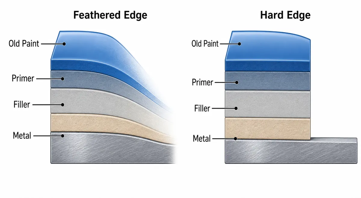 Diagram comparing a smooth feathered paint edge with a hard paint edge in auto body repair