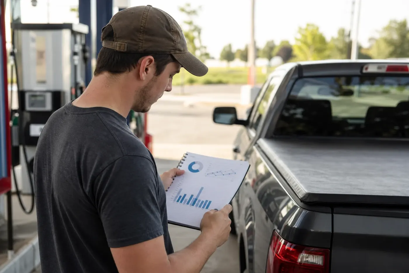 Driver reviewing fuel economy notes at a gas station with a tonneau-covered pickup truck in the background
