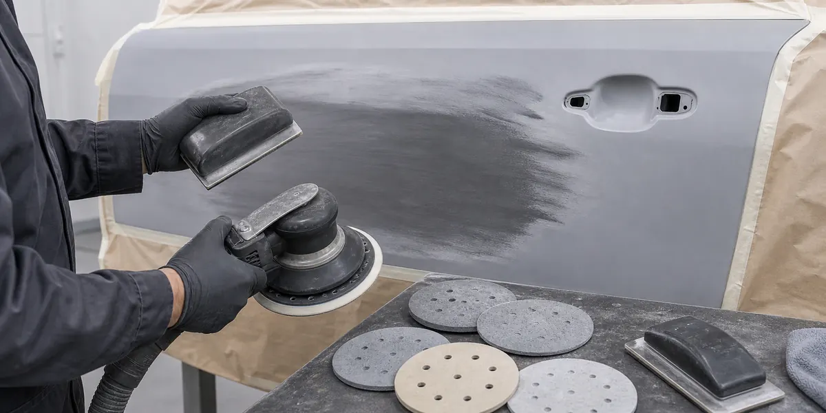 Hand sanding block and DA sander beside the same primer repair area in an auto body shop