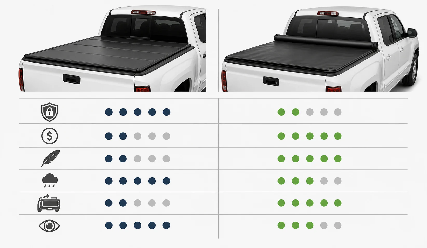 Visual comparison diagram of hard and soft tonneau cover priorities including cost weight security bed access and appearance