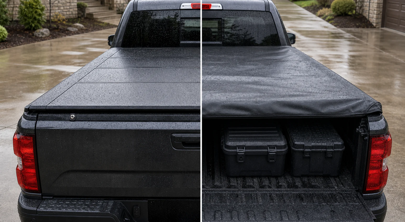 Rainy pickup bed comparison showing hard tonneau cover and soft tonneau cover with cargo underneath