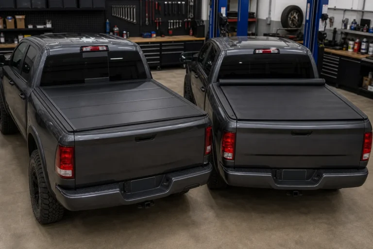 Two pickup trucks in a workshop comparing a hard tonneau cover and a soft tonneau cover