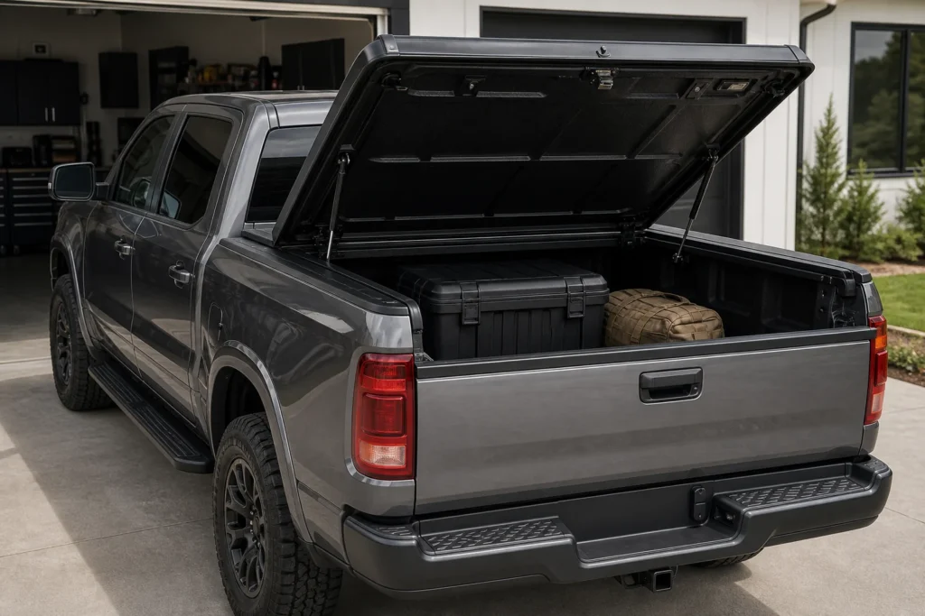 Pickup truck with a one-piece hinged tonneau cover lifted open on gas struts