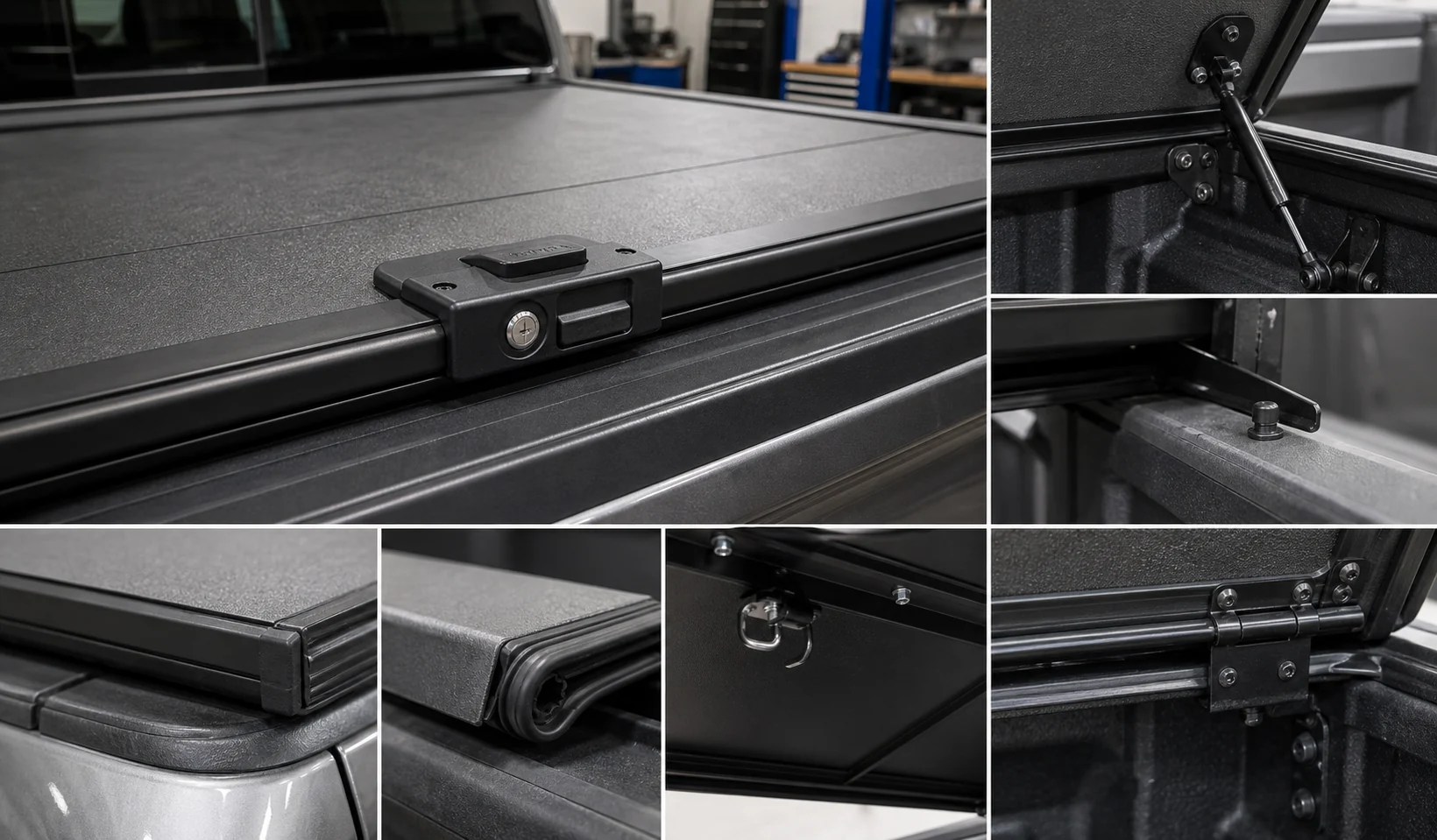 Close-up of hinged tonneau cover lock gas strut perimeter seal hinge bracket and hard lid underside