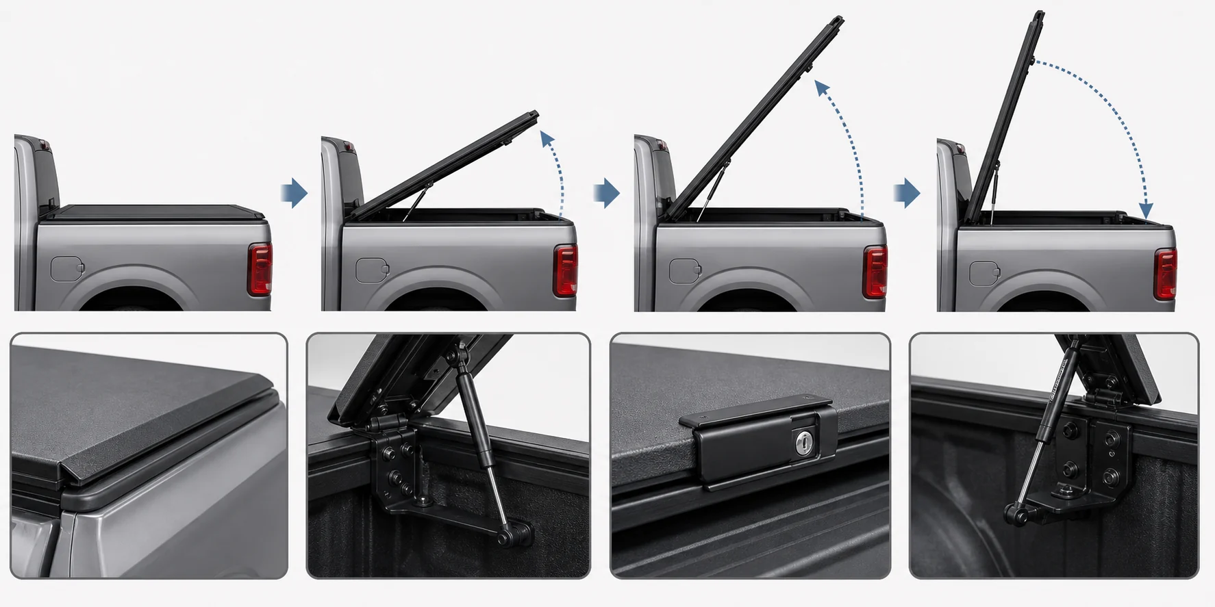 Visual diagram showing one-piece hinged tonneau cover lifting open on gas struts from the pickup bed