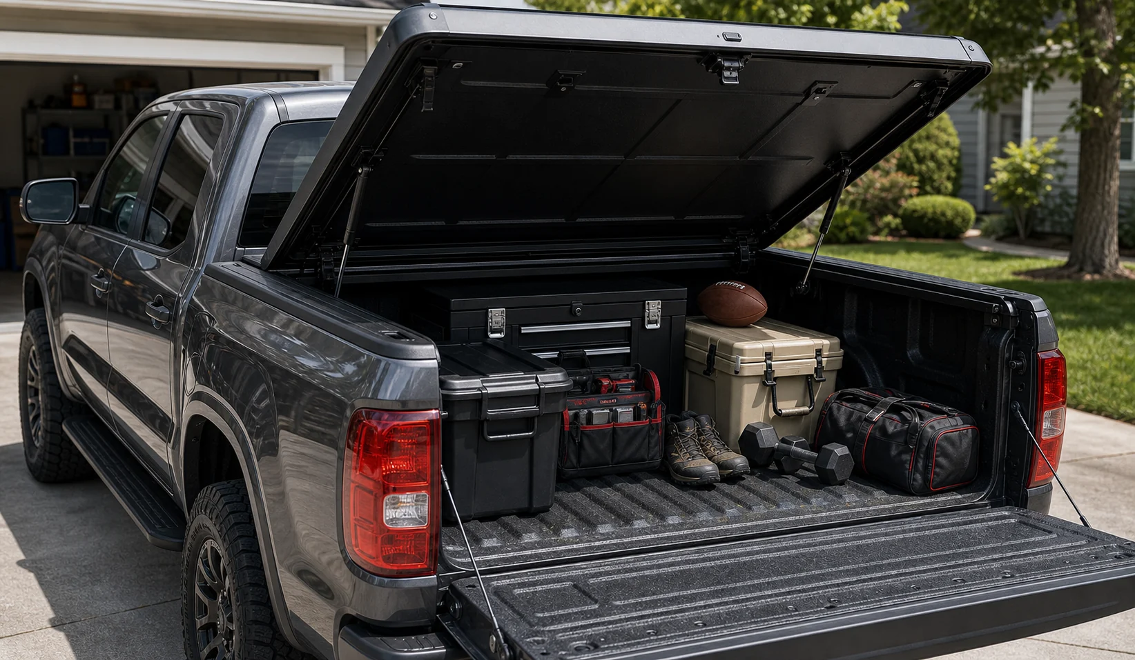 Pickup truck with hinged tonneau cover open showing luggage toolboxes and sports gear under a hard lid