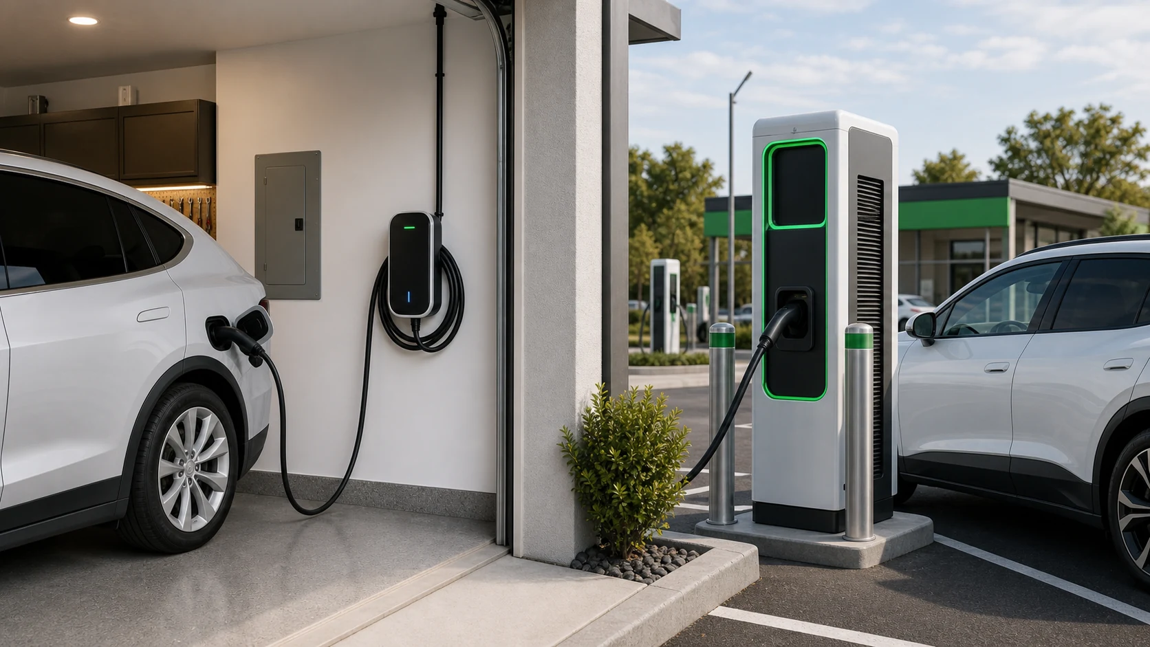 Home AC wall charger compared with a public DC fast charging station for electric vehicles