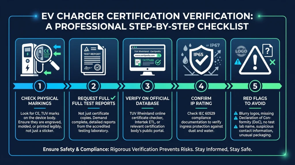 A five-step professional checklist for verifying the authenticity of CE and TÜV certifications on portable EV chargers—essential for B2B buyers and cautious consumers.