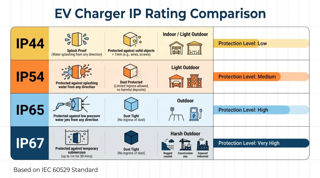 A visual comparison of IP44, IP54, IP65, and IP67 ratings based on IEC 60529, showing protection levels and recommended use cases for EV chargers.