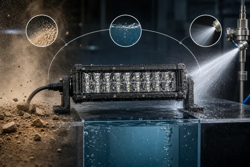 Off-road LED light bar in a test lab protected from dust, water immersion, and high-pressure spray