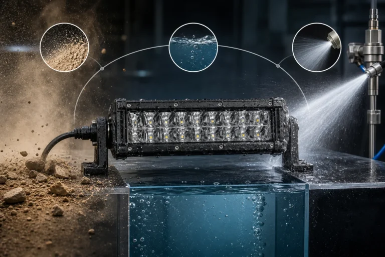 Off-road LED light bar in a test lab protected from dust, water immersion, and high-pressure spray