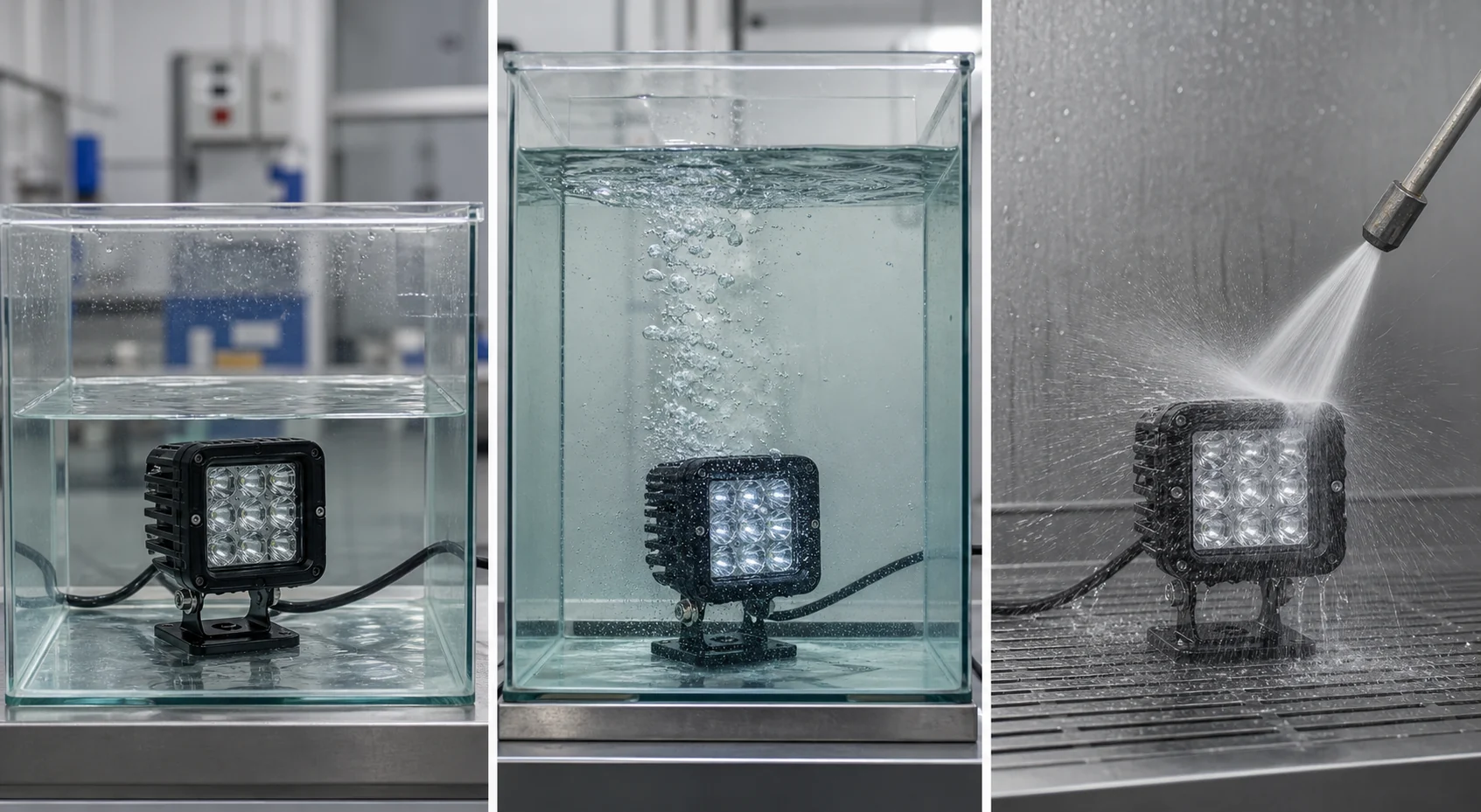 Three LED light water protection tests comparing immersion and high-pressure spray