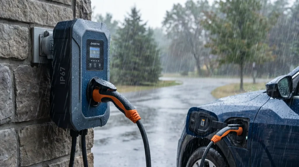 An IP67-rated portable EV charger in action during heavy rain. Water beads off the sealed enclosure, demonstrating the real-world effectiveness of IP67 ingress protection.