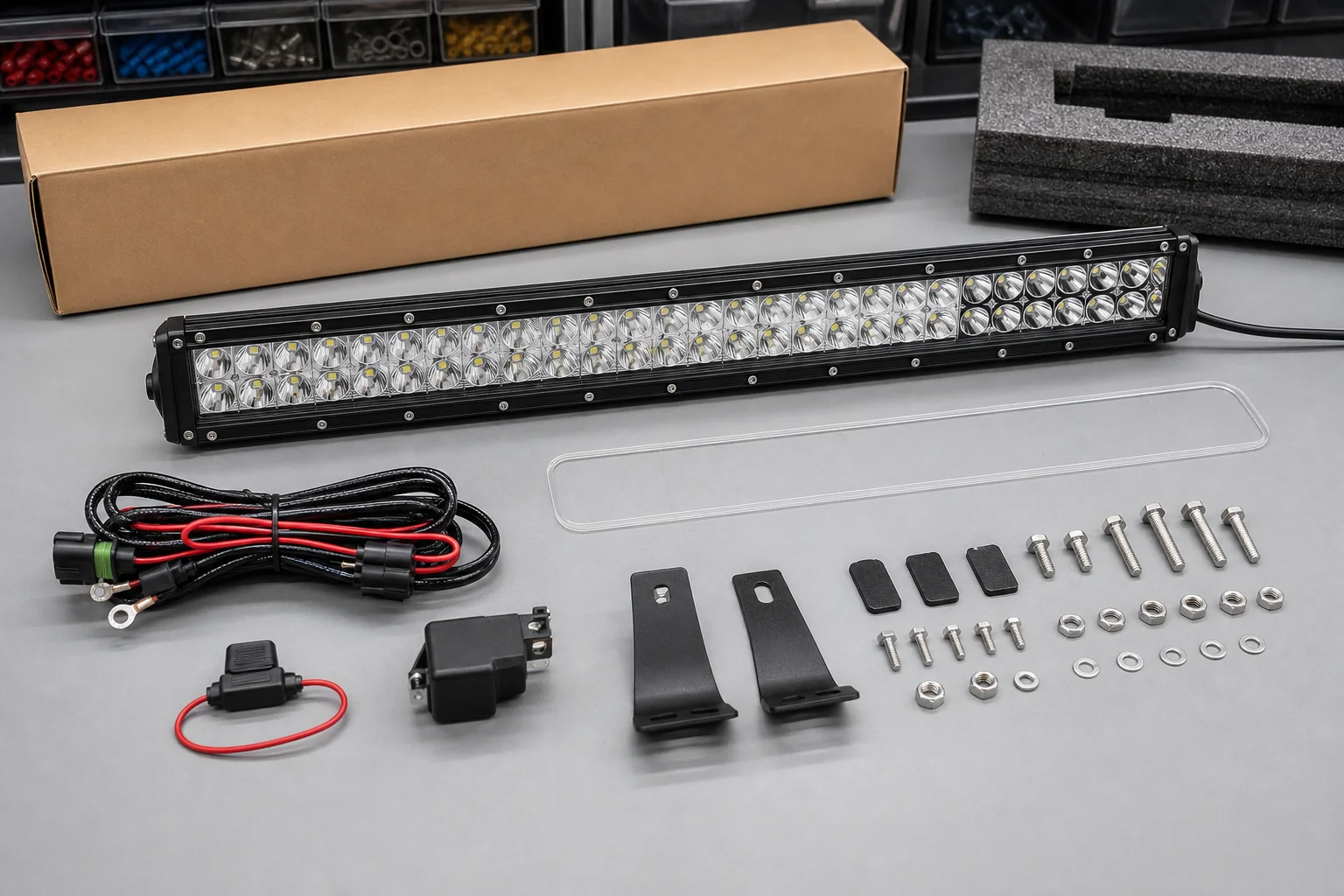 LED light bar kit quality inspection with optics, wiring harness, brackets, label, and packaging