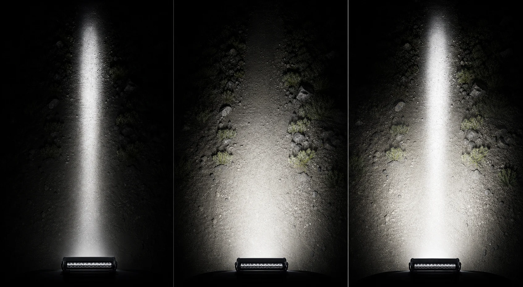 Diagram comparing narrow spot, wide flood, and mixed combo LED light bar beam patterns