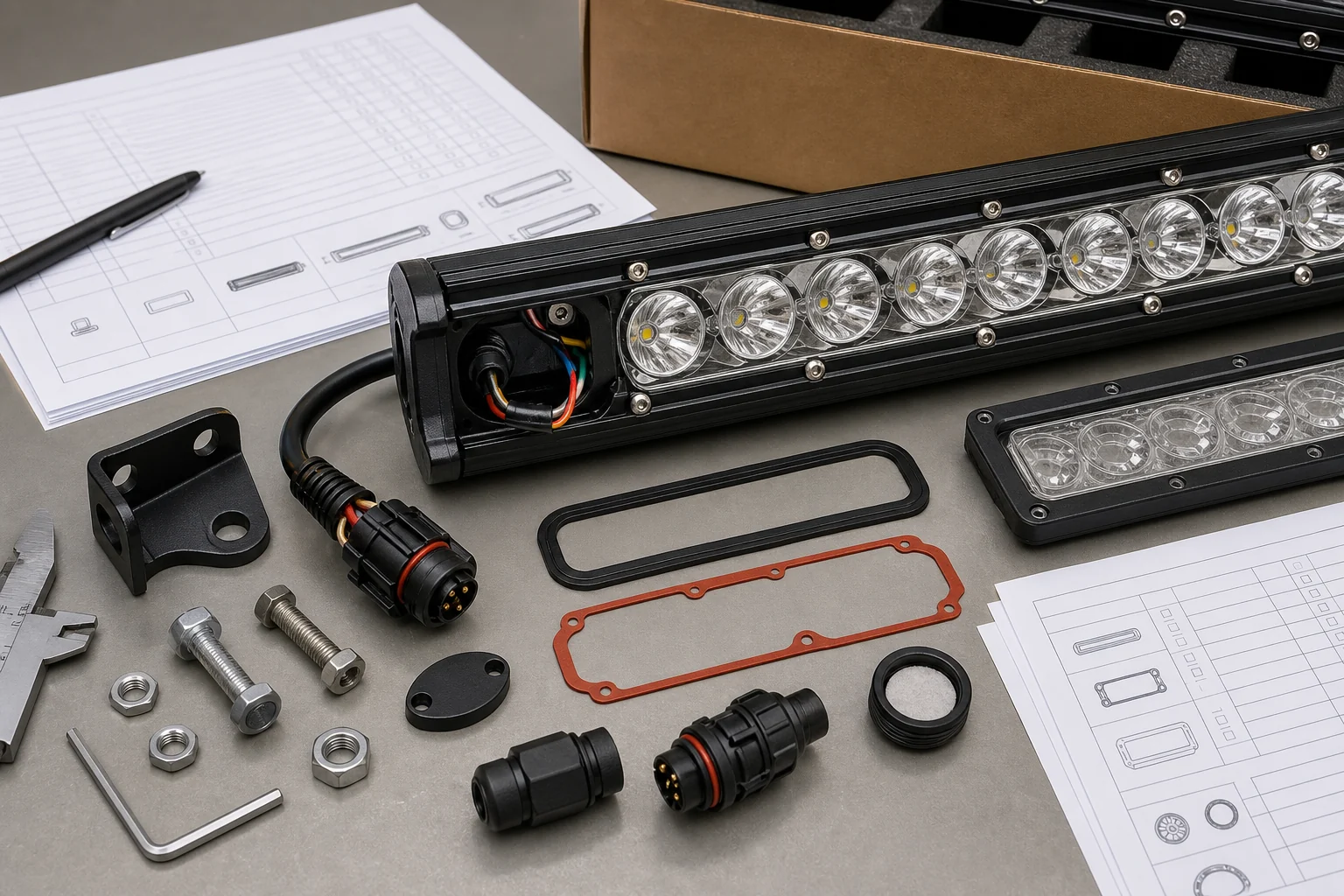 LED light waterproof sealing inspection with gasket, cable gland, connector, bracket hardware, and packaging