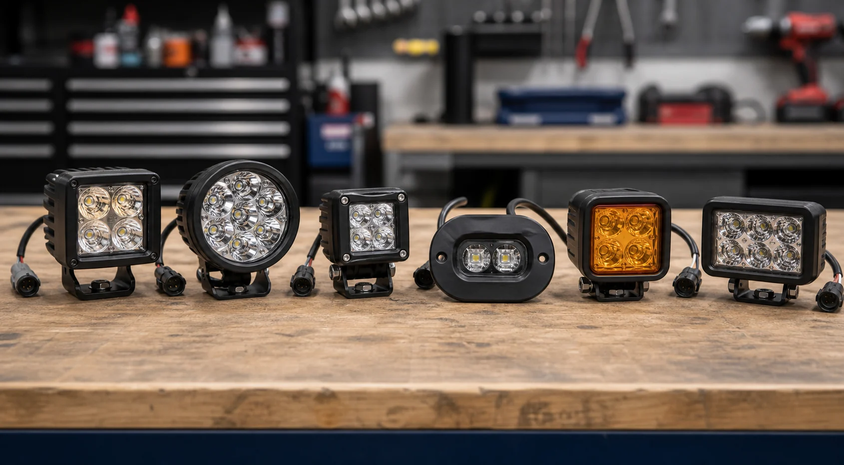 Different LED pod light types displayed on a workshop bench including square round flush mount and amber pods