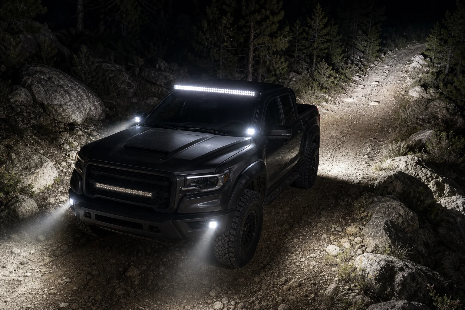 Off-road truck using LED pods as ditch lights and bumper corner lights on a rocky night trail