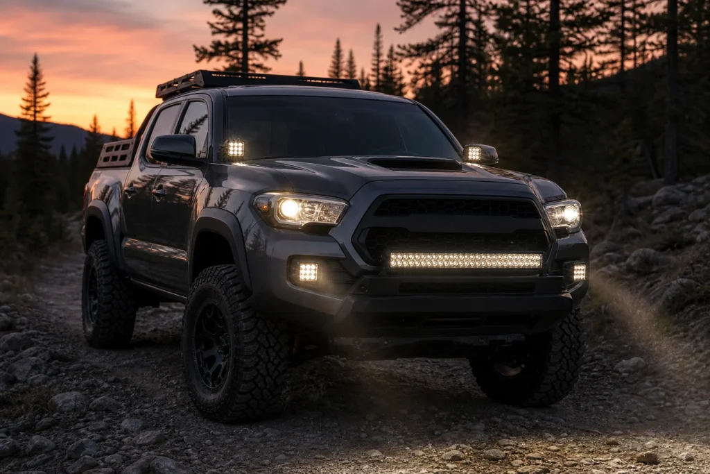 Off-road pickup truck with LED pods mounted on the A-pillars and bumper corners at dusk