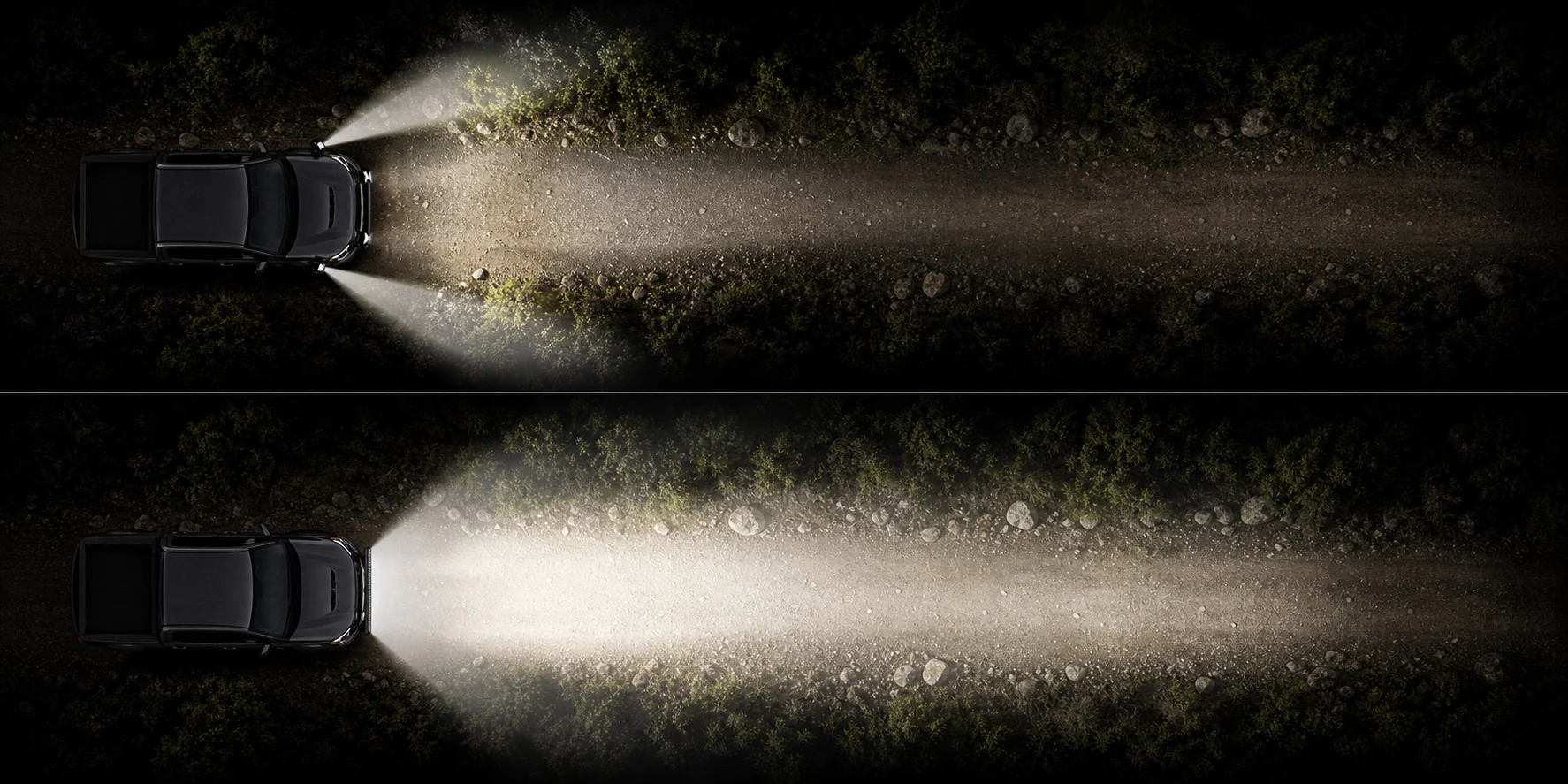 Beam coverage comparison showing LED pods lighting side zones while an LED light bar projects forward