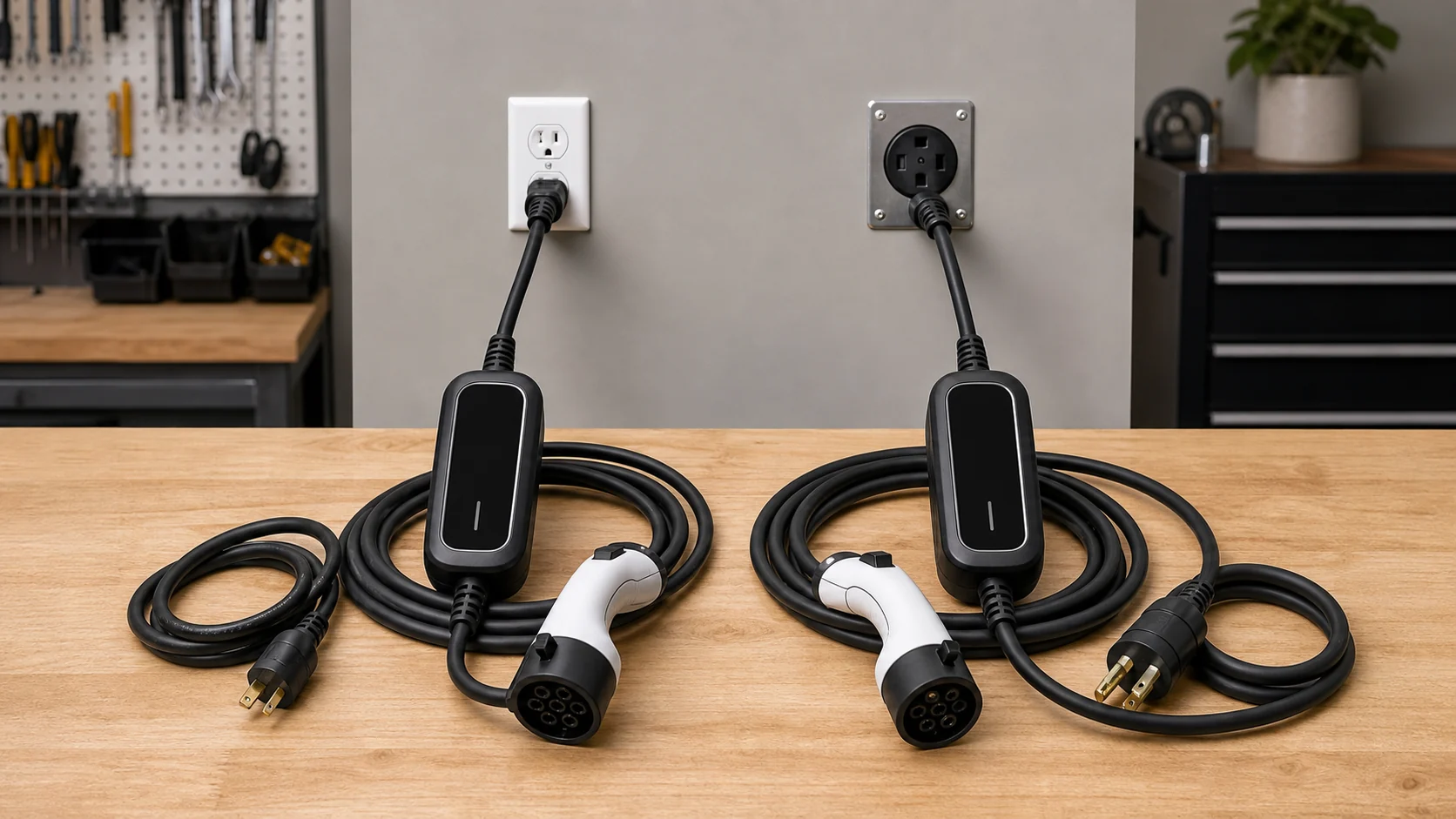 Level 1 and Level 2 portable EV charger setups compared on a clean workbench