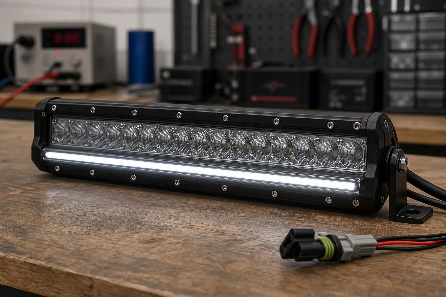 Close-up of an LED light bar with a white DRL accent strip glowing while the main LEDs are off