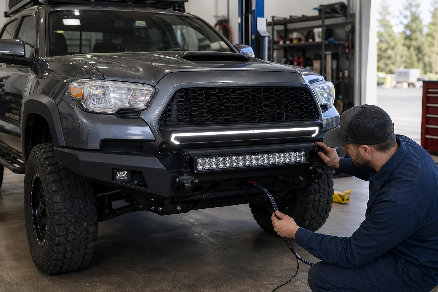 Technician checking an LED light bar DRL installation on the front bumper of an off-road truck