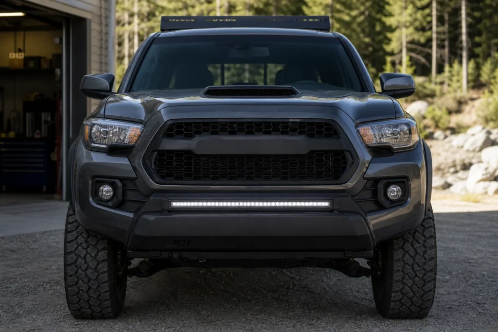 Off-road pickup truck in daylight with an LED light bar daytime running light strip on and main LEDs off