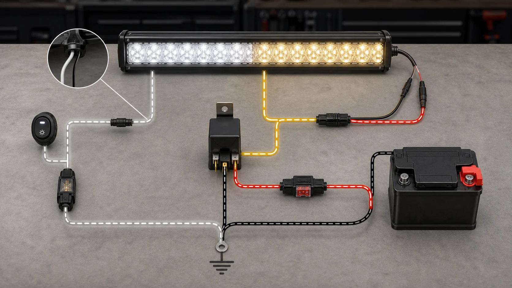 Simplified wiring concept for LED light bar DRL mode with separate accent and main beam circuits