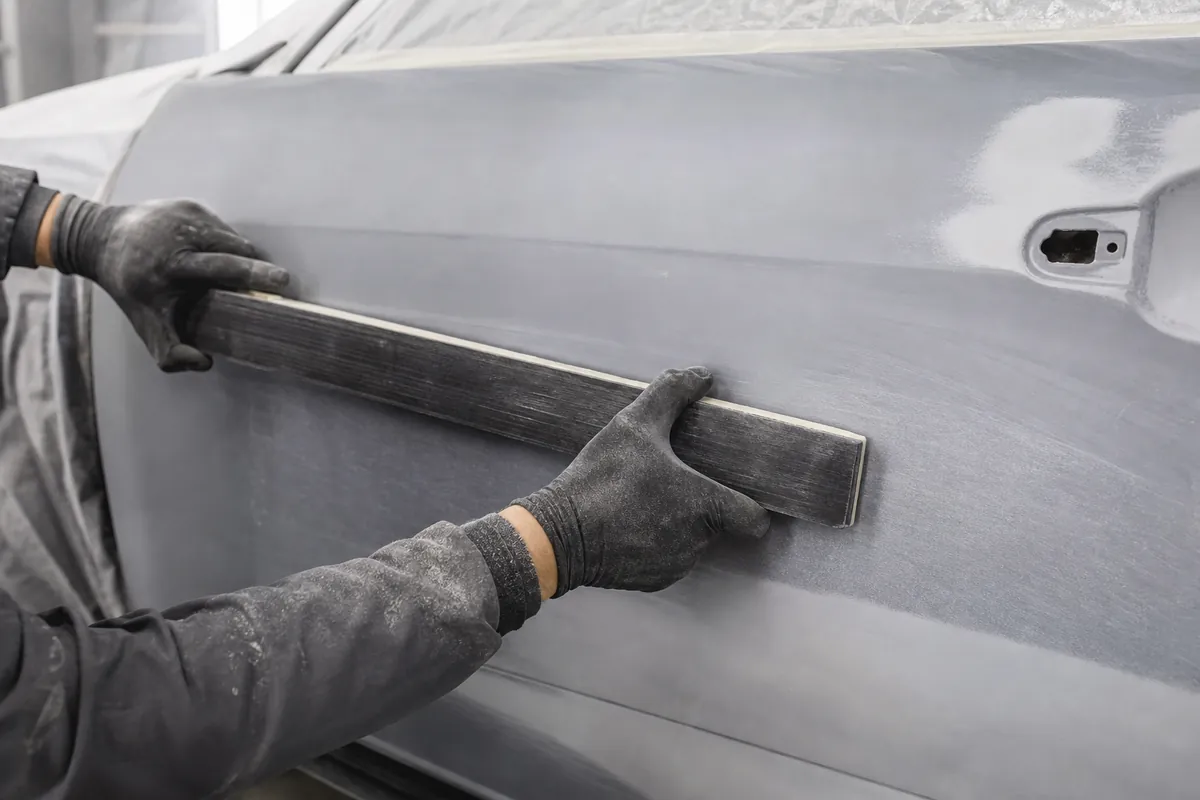 Technician hand sanding a primered car door with a long sanding block and dry guide coat