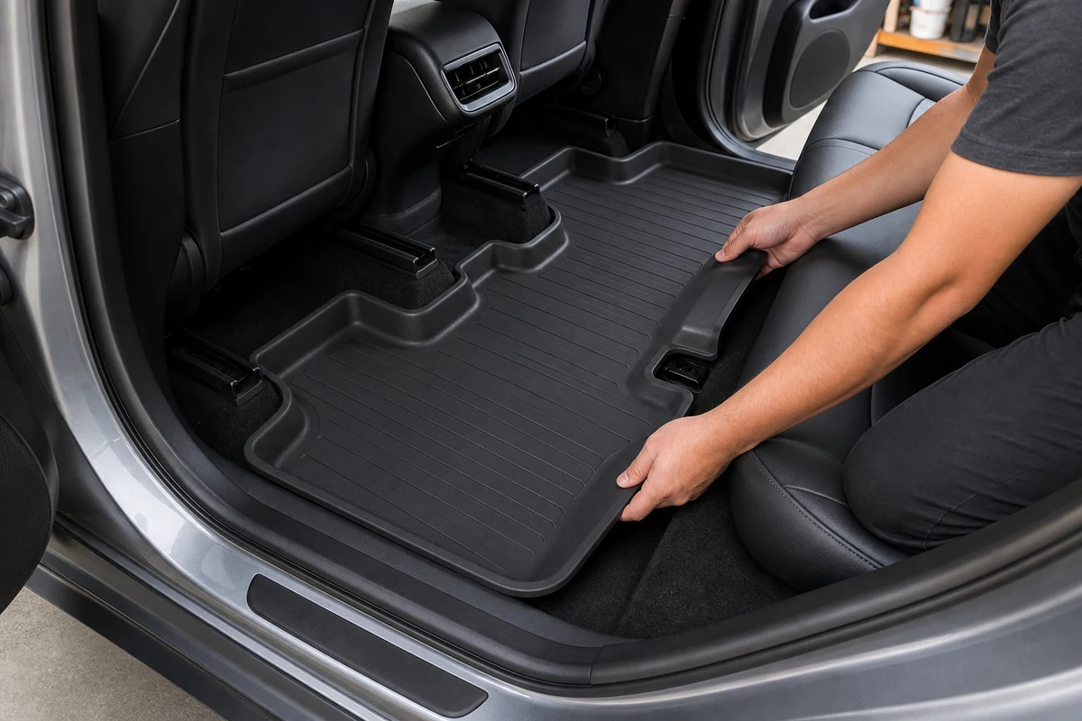 Person installing a molded all weather floor liner into the second row of a Tesla Model Y style electric crossover