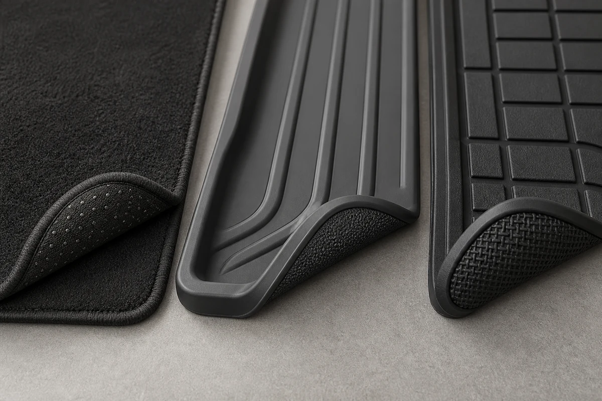 Close up comparison of carpet TPE and rubber Tesla Model Y floor mat materials with texture and raised lip details