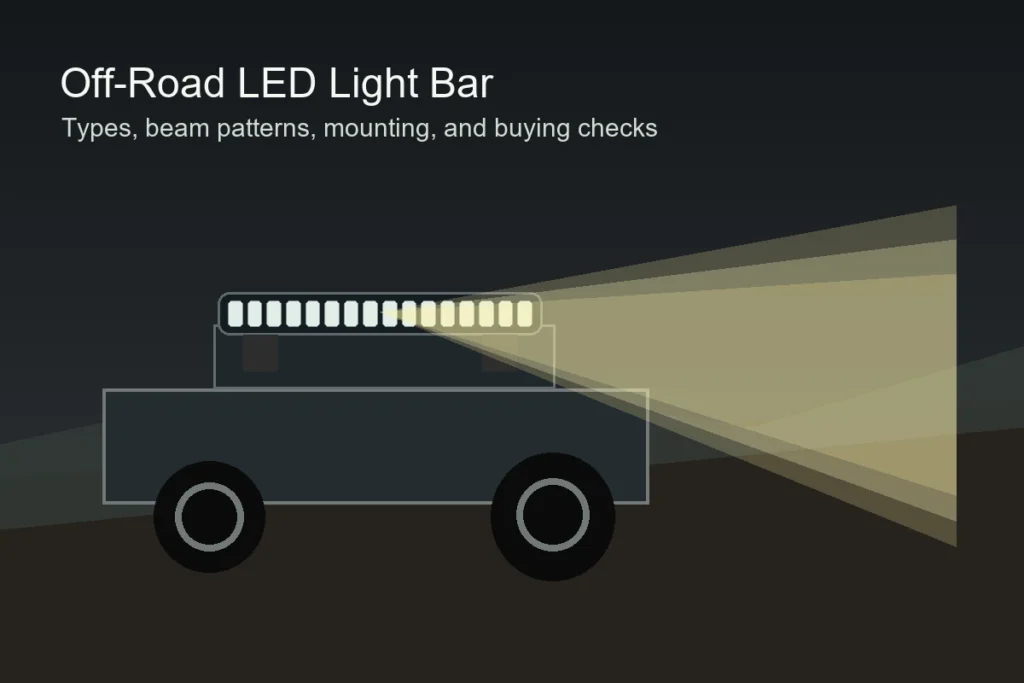 Off-road truck driving at night with an LED light bar mounted above the windshield and beams lighting the trail ahead