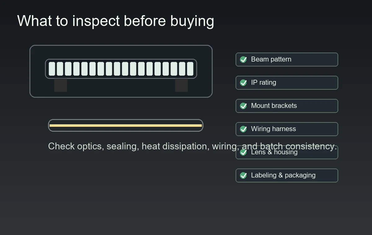 Off-road LED light bar quality checklist showing optics, IP rating, brackets, wiring harness, lens, housing, labeling, and packaging