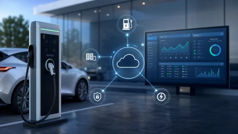 EV charging station connected to a cloud management system through Open Charge Point Protocol network lines