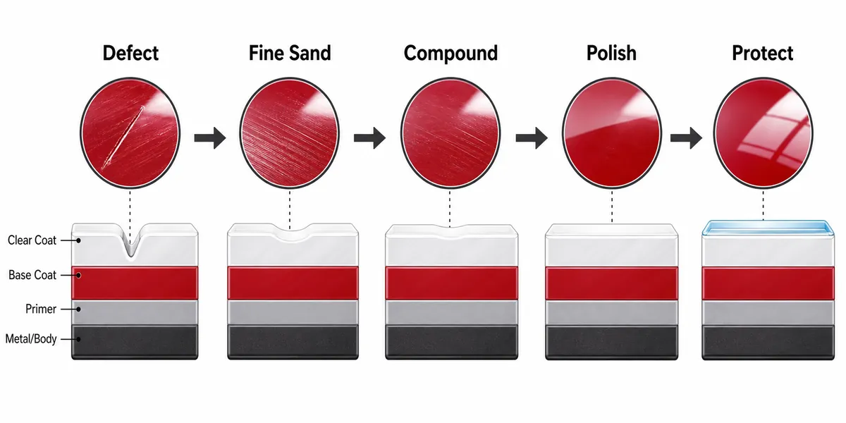 Diagram showing paint correction stages from clear coat defect to fine sanding, compounding, polishing, and protection