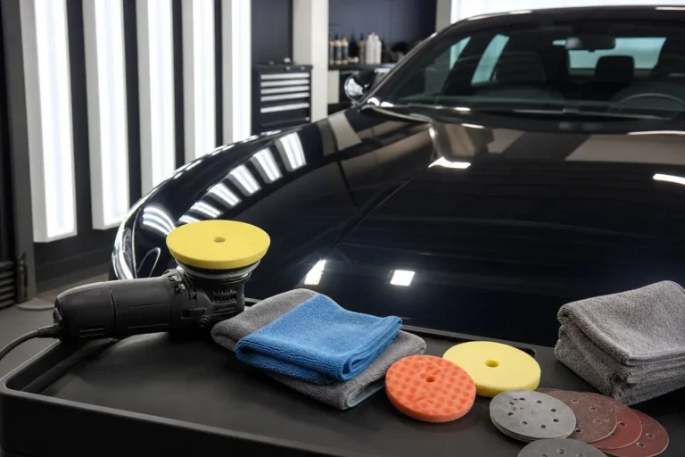 Automotive paint correction setup with a glossy car hood, polishing pads, microfiber towels, and fine sanding discs