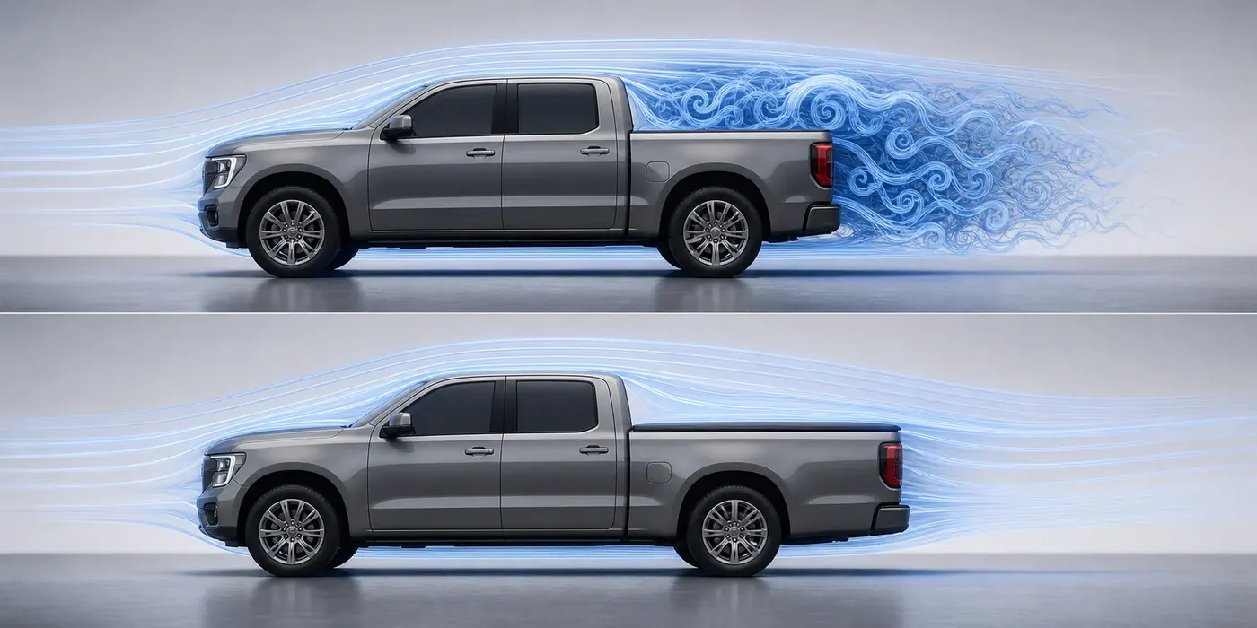 Aerodynamic comparison diagram showing airflow over an uncovered pickup bed and a pickup with a flat tonneau cover