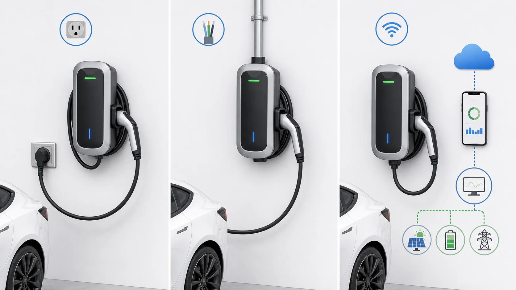Comparison of plug-in, hardwired, and smart networked wall-mounted EV charger types