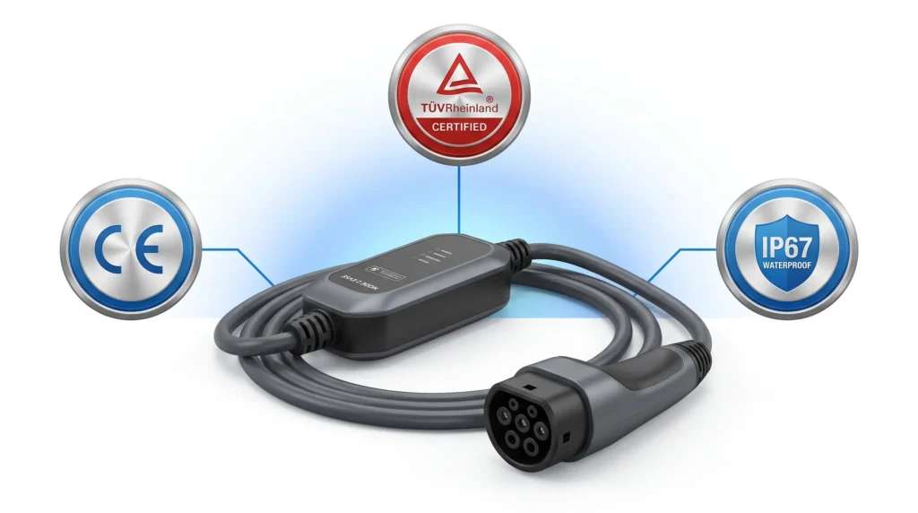 A properly certified portable EV charger clearly displays its CE marking, TÜV certification badge, and IP67 waterproof rating—three pillars of comprehensive safety assurance.